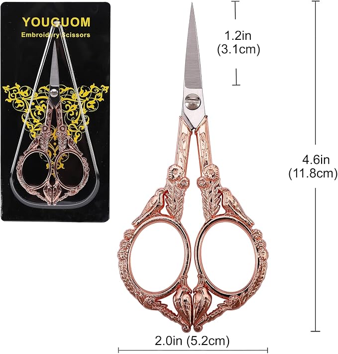 YOUGUOM Sewing Embroidery Scissors, Small Craft Shears with Cover | Vintage, Sharp Pointed Tip, for Needlework, Cross Stitch,Crochet, Handicraft DIY Tool, 4.6in, Rose Gold, Little Bird