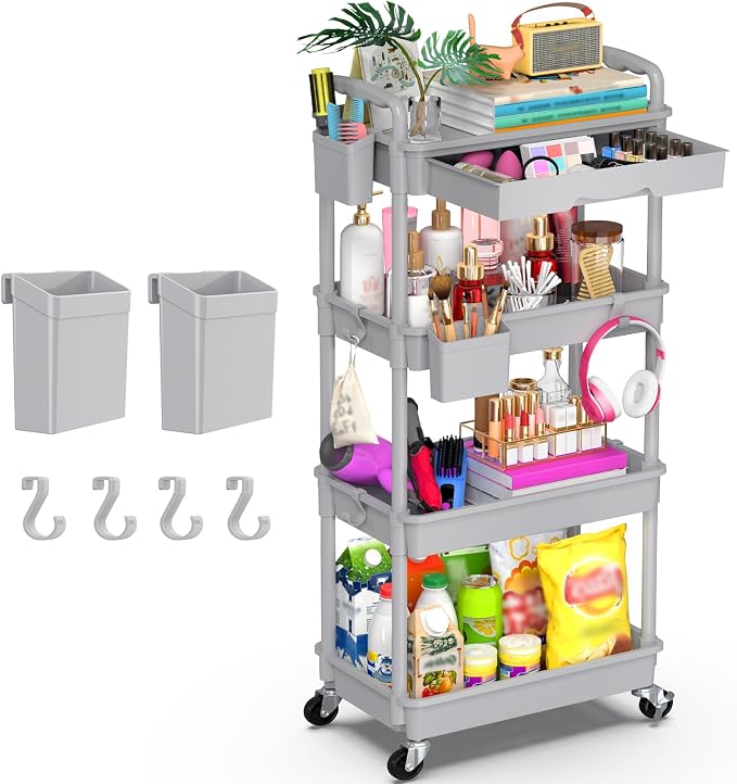 Goovilla 4 Tier Rolling Utility Cart Organizer with Removable Drawer, Grey | Stable and Sturdy Rolling Storage Carts with 2 Lockable Wheels for Bathroom, Kitchen, Snack, Craft, Makeup, Baby Essentials