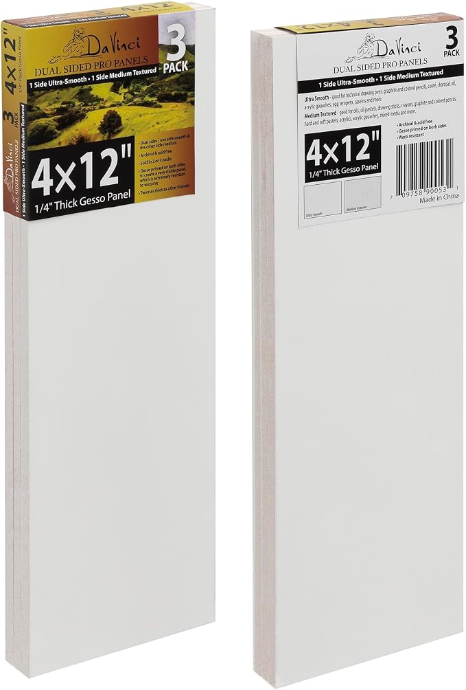 Jerry's Artarama Da Vinci Dual Sided Pro Panel Board - 3-Pack, 4x12 6mm Deep Panels for Painting - Archival, Acid-Free Art Supplies - Ultra-Smooth & Medium Textured Paint Surfaces