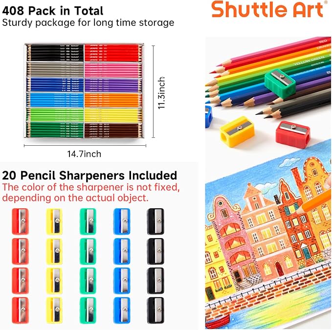 Shuttle Art 288 PCS Colored Pencils Bulk, 12 Assorted Colors, Pre-sharpened Colored Pencils for Kids with Sharpeners, Bulk Pack School Supplies for Teachers & Students