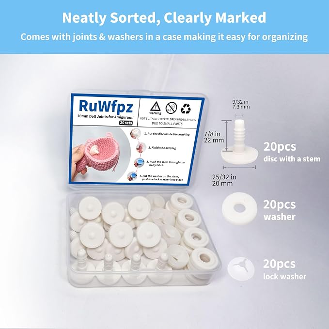 RuWfpz Doll Joints for Amigurumi Crochet 20mm 20 Sets Plastic White 13/16"