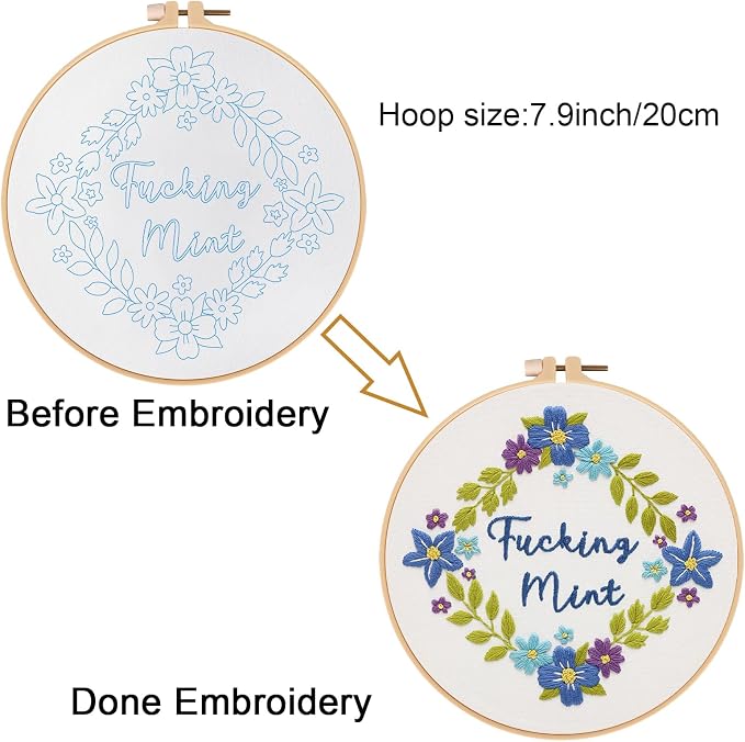 Louise Maelys Funny Flower Wreath Embroidery Kit for Beginners and Adults | DIY Needlepoint Kit with Pre-Printed Fabric, Hoop, Threads, Needles and Guide. Cross Stitch Kits for Floral Crafts