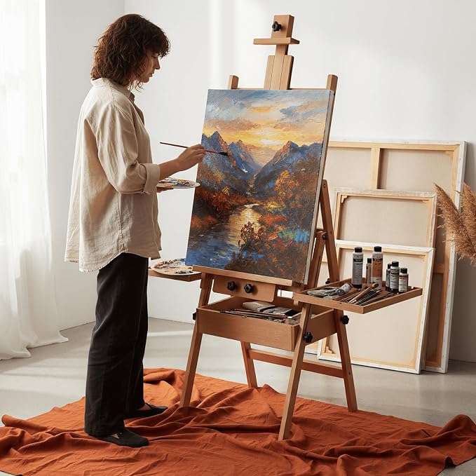 Beech Wood H-Frame Easel for Painting with Tray & Drawer, Natural