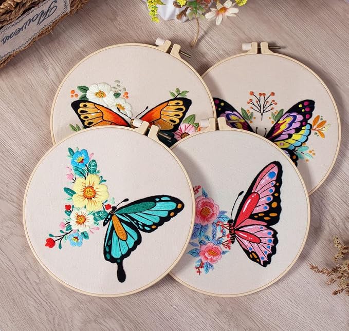 GLTAYLMY 3 Pack Embroidery Kits with Butterfly Pattern for Beginner Adults,Cross Stitch Kits with 1 Plastic Embroidery Hoops,Needles and Color Threads,Needlepoint Kit for Adults