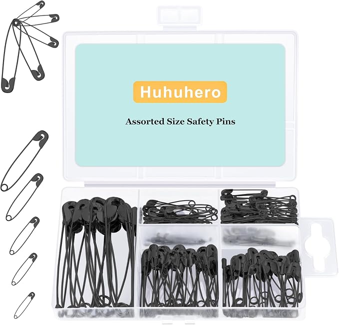 Huhuhero 160PCS Black Safety Pins for Clothes, 5 Assorted Sizes Pin Bulk