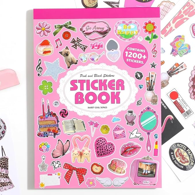 1200Pcs+ Aesthetic Sticker Book, Sweet Cool Y2K Pink Decorative Stickers for Journal Scrapbook Craft Supplies for Adults Teens Girls
