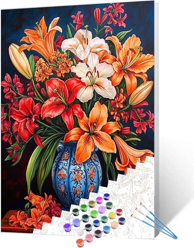 Lily Flowers DIY Paint by Numbers for Adults Colorful Blooming Flowers in Vase DIY Oil Painting Acrylic Paint Art Painting Kits Canvas with Acrylic Paint Floral Art 16x20 Inch （without Frame ）
