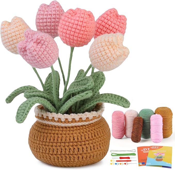 kgxulr Crochet Kit, Tulip Crochet Kit for Beginners, Knitting Kit | Beginner Crochet Kit, Crochet Flower Kit with Step-By-Step Video Tutorials, Beginner Crochet Kit for Adults