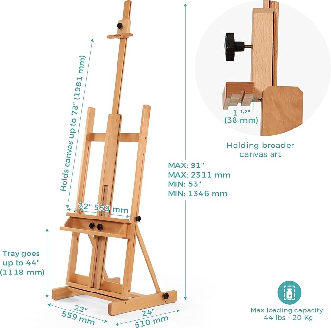 VISWIN Large H-Frame Easel for Painting 53"-91" H, Adjustable Solid Beech Wood Heavy Duty Easel Stand with Storage Tray, Hold Canvas up to 78", Art Easel for Adults, Artists - Natural