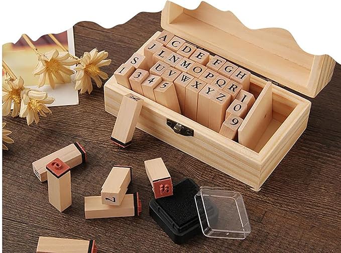 Pack of 36 Pcs Small Wooden Rubber Stamps 0.2 Inch of Letter and Number for DIY Craft Card and Photo Album (A)