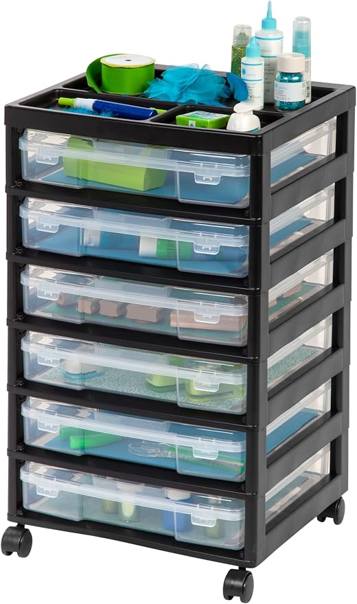 IRIS USA Rolling Cart with Drawers |Made in USA| 6-Tier Cases - Black/Clear