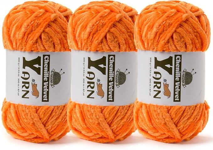 Chenille Crochet Orange Yarn 3 Pack