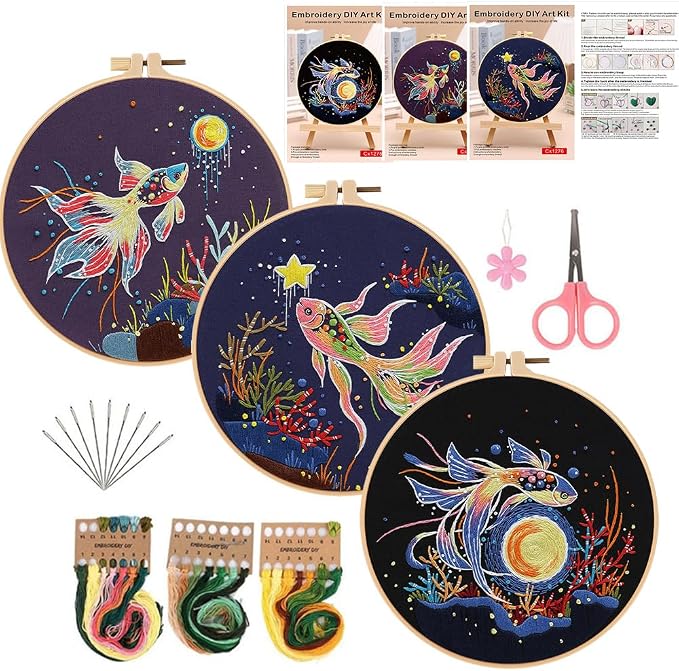 Konrisa Stamped Embroidery Kit for Adults, 3 Set Elegant Goldfish DIY Sewing Needlepoint Cross Stitch Kit with Embroidery Floss,Hoops,Color Thread,Needle,1 pc Hoop