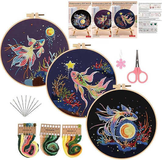 Konrisa Stamped Embroidery Kit for Adults, 3 Set Elegant Goldfish DIY Sewing Needlepoint Cross Stitch Kit with Embroidery Floss,Hoops,Color Thread,Needle,1 pc Hoop