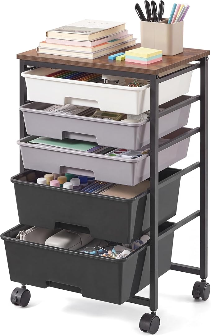 VASAGLE Rolling Cart with Drawers,5 Drawers Storage Cart, Black
