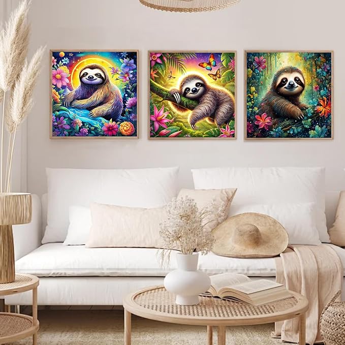 3 Pack Sloth Paint by Numbers Kit for Adults Framed Canvas, Frameworkless | Easy Adult Paint by Number Kits on Canvas DIY 3 Pack Sloth Painting for Beginners Art by Numbers for Home Wall Decor Gift