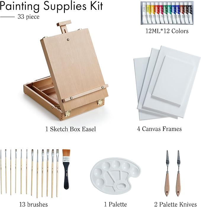 ARTIFY Art Supplies Kit, Tabletop Easel Set with 12 Acrylic Paints, 13 Paint Brushes, 4 Canvas Boards, 2 Palette Knives & Plastic Palette, Gift for Artists & Adults