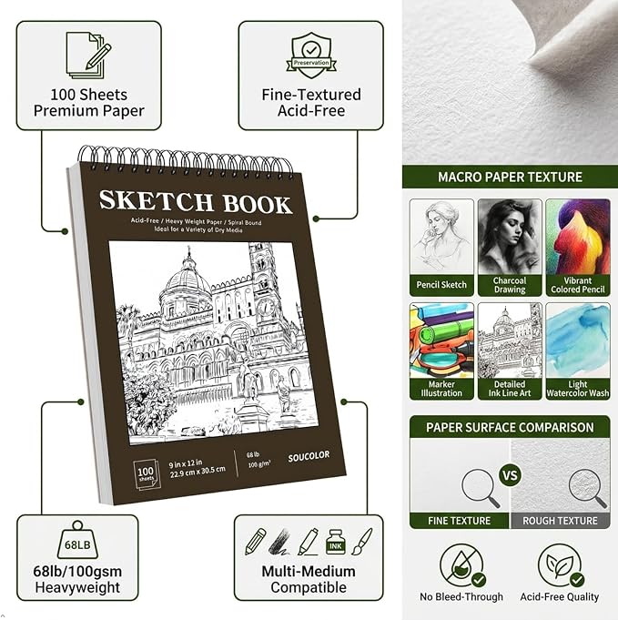 Soucolor Sketch Book 9x12, 100 Sheets Drawing Pad, Art Sketchbook for Kids | 68lb acid-free Paper,no bleed-through, clean erase, top spiral lay-flat, micro-perforated, for kids, adults, all skill levels