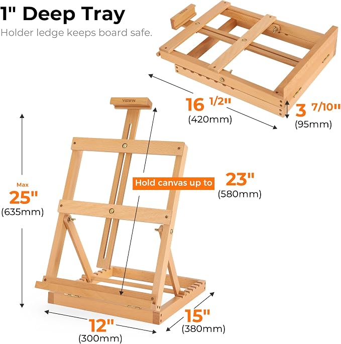 VISWIN Heavy-Duty Table Top Easel for Painting, Adjustable Beech Wood Tabletop Easel, Hold Canvas up to 23”, Portable Art Desktop Easel Stand for Adults, Artists, Beginners – Natural