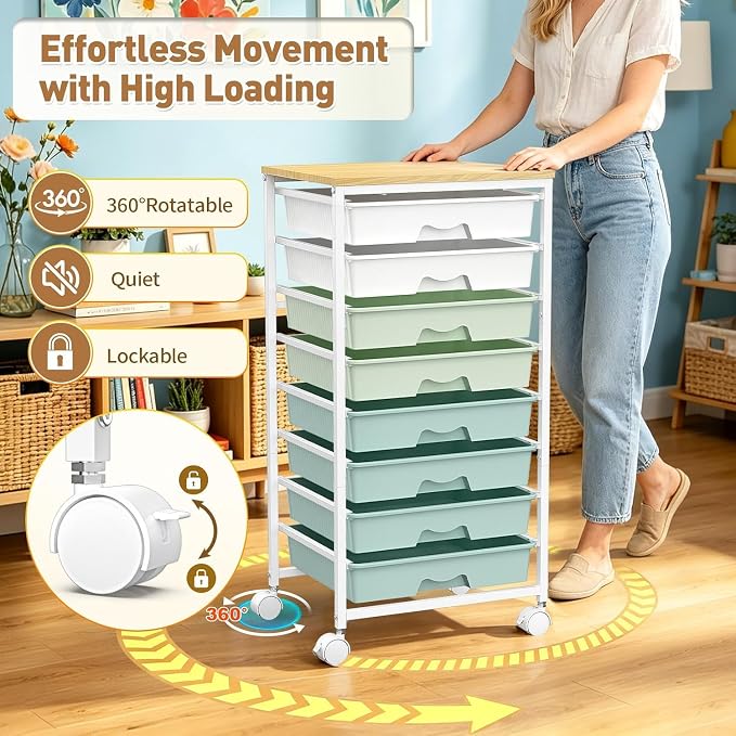 SUNALLY Rolling Cart With 8 Drawers,Storage Drawer Cart for Craft Art,Green | Storage Utility Cart with Wooden Tabletop & 2 Lockable Wheels, Teacher Storage Cart for Classroom School Storage, Makeup,Nail
