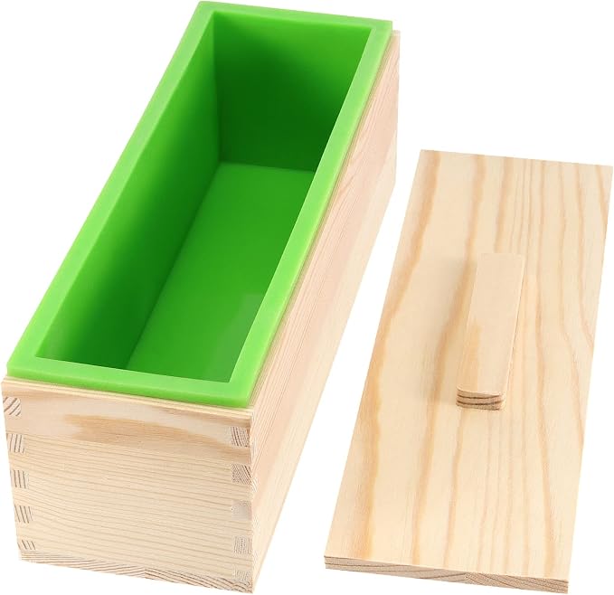 3PCS 47oz Silicone Soap Kit, Green Rectangular Silicone Loaf Soap Making with 3 Wooden Boxes and 3 Lids, DIY Supplies for Soap Making