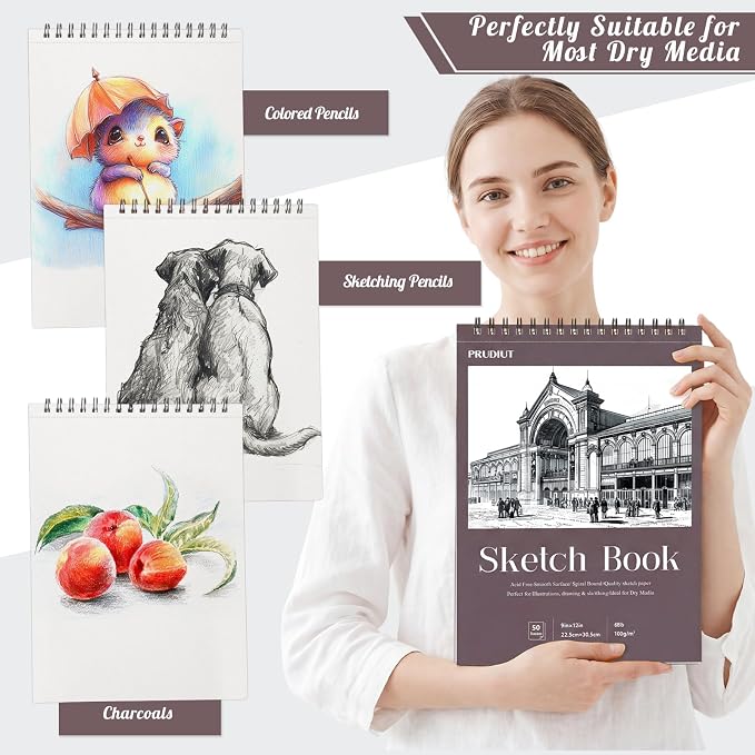 9×12 Sketch Book, Spiral Bound, 50 Sheets, Acid-Free Drawing Pad | 68lb/100gsm Paper, Perforated Pages, Backboard Support, for Pencil Charcoal Pastel & Sketching