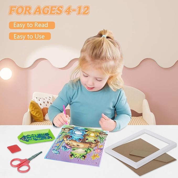 ajepon Frog Diamond Art Kits for Kids with Frame, Animal Diamond Art for Kids Ages 8-12, Frogs Diamond Painting Kits for Kid with Beautiful Package for Gift Home Wall Decor (7x7inch)