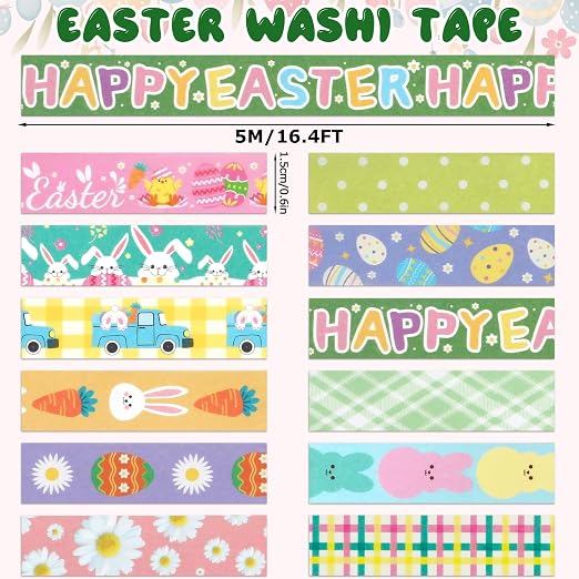 SANNIX 12 Rolls Easter Washi Tape 15mm Wide Rabbit Eggs Carrot Spring