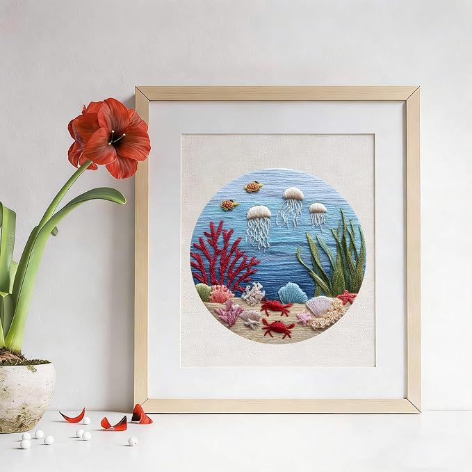 LYMIGER 3 Packs Embroidery Kit for Adults, Embroidery for Beginners (Sea)