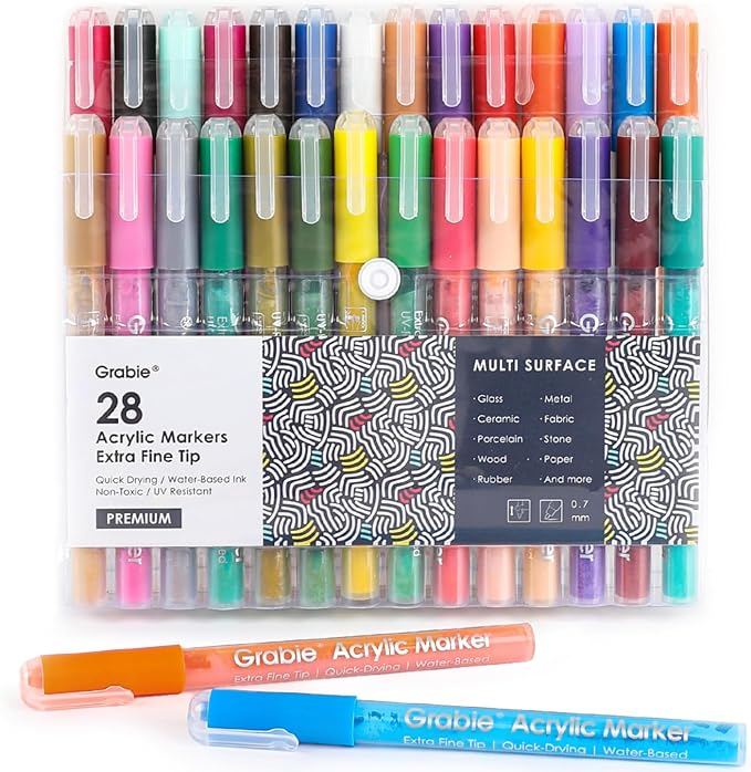 Grabie Pack of 28 Color Acrylic Paint Markers, 0.7mm Extra Fine Tip Pens
