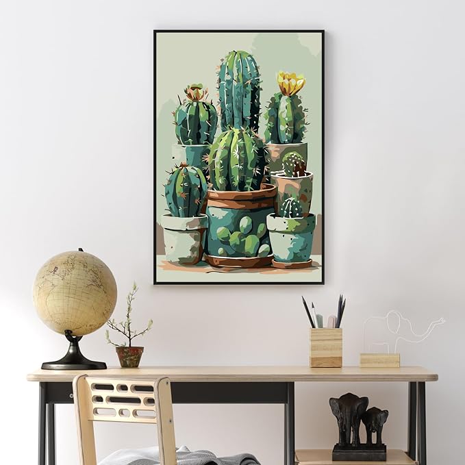 Cactus Framed Paint by Numbers Kit for Adults Beginner & Kids Ages 8-12 | With Frame Canvas 8x12 inch, DIY Acrylic Painting by Numbers Cactus Plant, Stress Relief Craft Kits, Home Wall Decor Gift