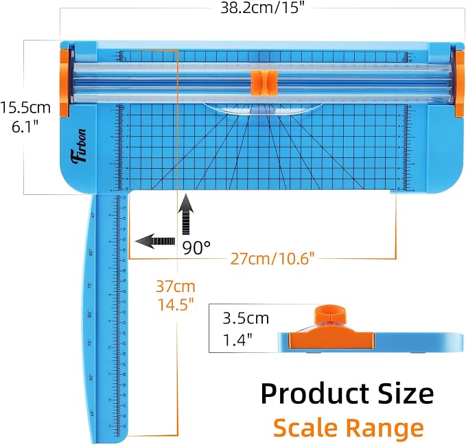 Firbon A4 Paper Cutter, 12 Inch Paper Trimmer with Extened Ruler, Blue | 12 Sheet Capacity | CM & Inch Scale | Spring-Loaded Safe Blade | Cuts Cardstock, Vinyl, Coupons, Labels & Scrapbooking Crafts