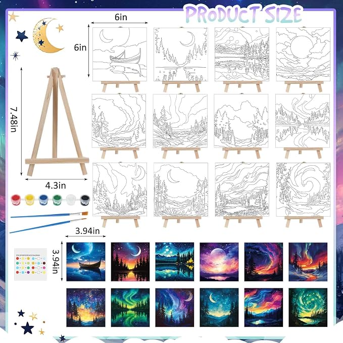 Tenceur 12 Sets Pre Drawn Canvas to Paint Adult Stretched Coloring Painting Canvas Panels with Design Easel and Brushes for Party Supplies Beginner Favor(Starry Aurora)