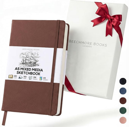 Beechmore Books A5 5.8x8.3 Mixed Media Sketchbook 160 GSM/98LB, Gift Box | Hardcover Art Journal with Lay-Flat Binding, 156 Perforated Ivory Pages, Portable Size for Drawing, Ink & Light Watercolor