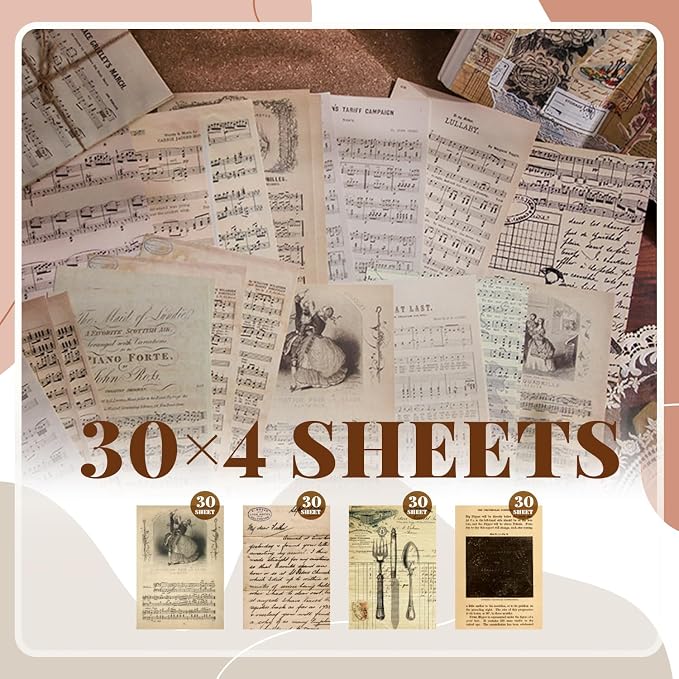 120Pcs Vintage Scrapbook Paper Kit for Junk Journal Supplies Stationery