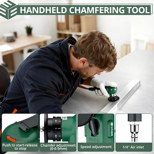 EYPINS Mini Pneumatic Chamfering Tool – 16pcs C&R-angle Blades Straight 45° Arc Beveling,Metal Air Chamfer 30000 RPM,Edge Deburring for Copper,Aluminum,Steel,Wood,Acrylic,1/4" Inlet,Precision,Quieter