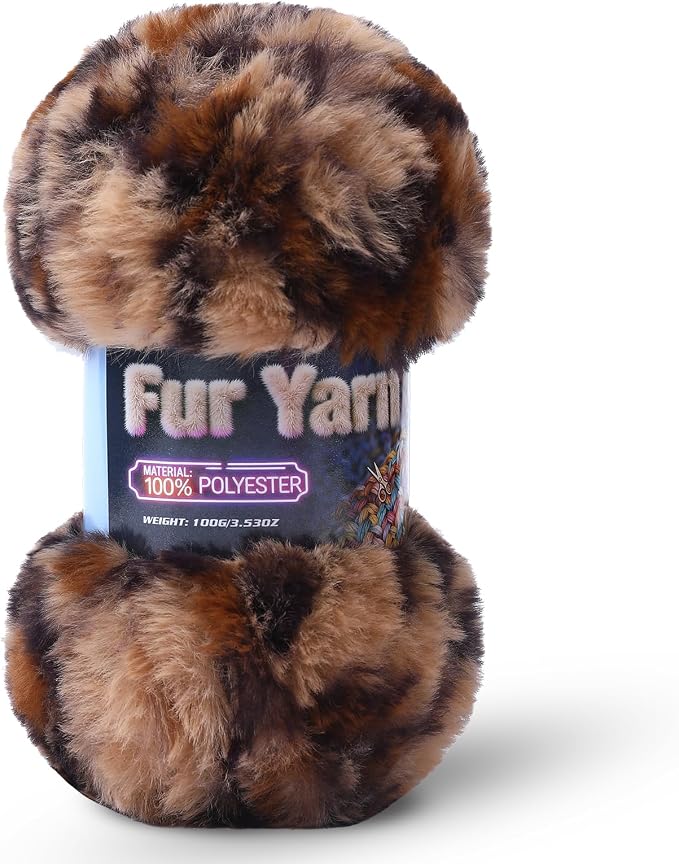 Faux Fur Yarn Soft Fluffy for Crocheting - 1 Skeins(Each 3.5oz/100g, 71yd/65m) - Chunky & Fluffy Yarn for Crochet Amigurumi, Blankets, Hand Knitting, Scarves &Crafts (1, Khaki + Brown)