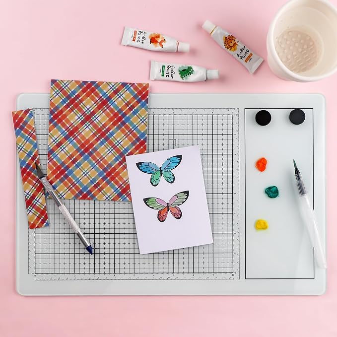 BAOFALI Magnetic Glass Craft Mat; 15.75"x10.24"Heat Resistant Glass Media Cutting Mat W/MagnetsGridlines and Measurements; for Cutting, Stamping, Mixed Media, Heat Embossing and Hot Glue Projects