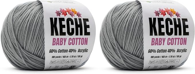 Keche Baby Cotton, 60% Cotton 40% Acrylic Yarn, Soft Cotton Yarn for Crochet and Knitting, Amigurumi Yarn 4 Skeins/Balls [1.76 Oz (50g) / 180 Yrds (165m)] x 2 Grey