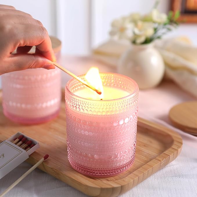 DARJEN 12 Pcs 10 oz Glass Candle Jars with Lids, Candle Container Tins-Pink | Thick Wall Ribbed Glass, Airtight Wood Lids- The go to candle jar for DIY, thoughtful gifters, growing candle brands