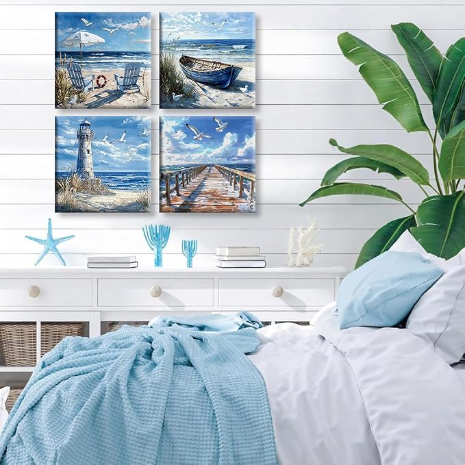 Clendo 4 Pack Beach Paint by Numbers Kit for Adults Beginners Framed - DIY Coast Adults Paint by Numbers Kits on Canvas, Small Easy Acrylic Oil Painting for Home Wall Decor (8 x 8 Inch)