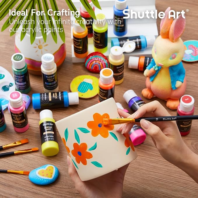 Shuttle Art 100 Colors Acrylic Paint, 2oz/60ml Bottles, Include 2 Sets of 12 Paint Brushes, 1 Art Sponge & Palette, Premium for Artists, Beginners & Kids on Canvas Rocks Wood Ceramic