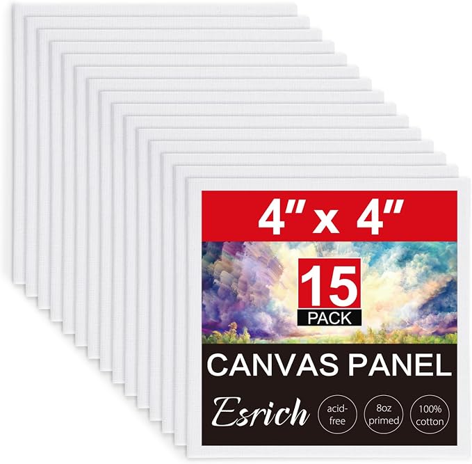 ESRICH Canvas Boards for Painting, 15 Pack Canvases 4x4 100% Cotton Small Paint Canvas Primed Acid Free Mini Blank Canvas Panels for Oil, Watercolor, Acrylic, Gouache & Tempera