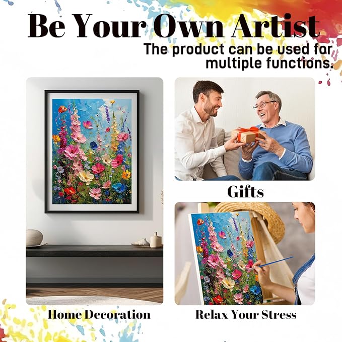 Hutarosl Flowers Paint by Numbers with Frame for Adults - with Wooden Easel,Adult Paint by Number,Flowers Canvas Paint by Numbers for Adults,Gifts and Home Decor 12x16inch