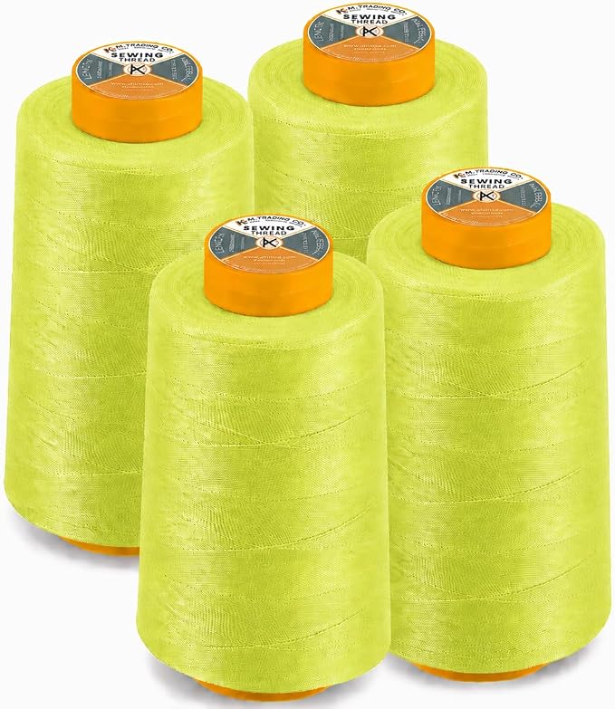 AK Trading 4-Pack NEON Yellow All Purpose Sewing Thread Cones (6000 Yards Each) of High Tensile Polyester Thread Spools for Sewing, Quilting, Serger Machines, Overlock, Merrow & Embroidery.