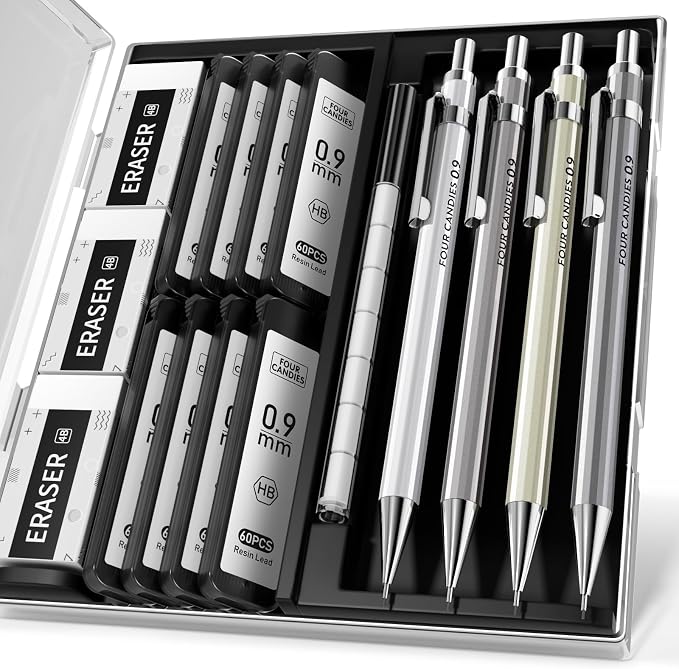 Mechanical Pencil Set, 0.9mm 4-Pack with Case, Metal Body, Break-Resistant