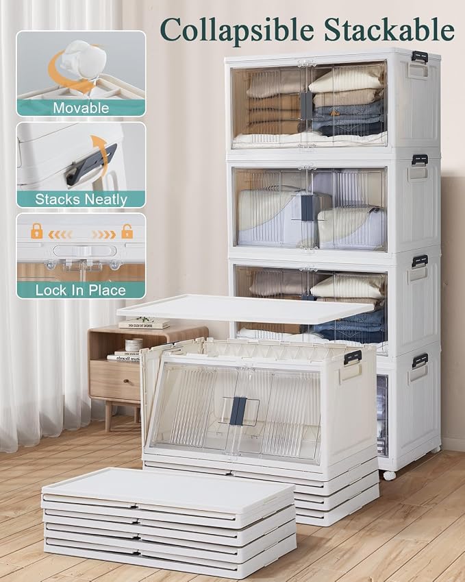 OlarHike 97QT Storage Bins with Lids for Closet, Garage, Shelves, 5 Pack | Multi-Lid, Lockable, Large Capacity, Doors & Wheels, Foldable Containers, Stackable Organizer, Plastic Drawers, School, Dorm