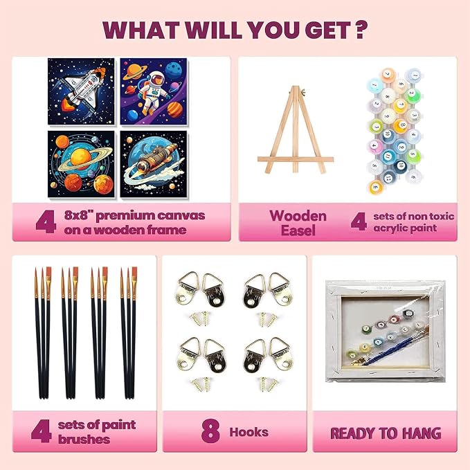 cviokrdu 4 Pack Paint by Numbers Kit for Kids with Frame - Wooden Easel, Outer Space Paint by Numbers for Kids Ages 4 8 12, Easy Astronaut Acrylic Oil Painting Kits for Home Wall Decoration 8x8 inch