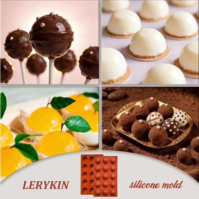 Lerykin Small 15-Cavity Semi Sphere Silicone Molds Non-Stick,2 Packs Half Sphere Silicone Baking Molds for Making Jelly, Chocolates and Cake