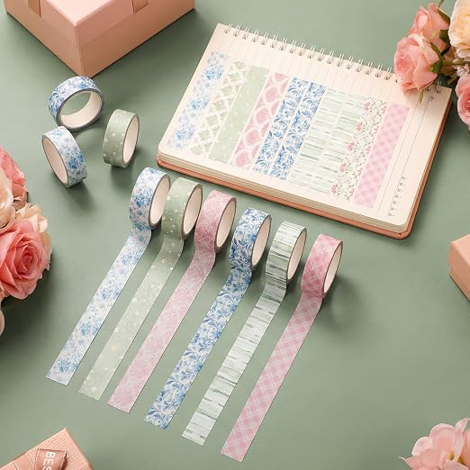 12 Rolls Floral Washi Tape Set,Pink,Blue and Green,Garden | Watercolor Flowers Design for Scrapbook Journal DIY Craft School Supplies, 15 mm Vintage Decorative Masking Washi Tapes
